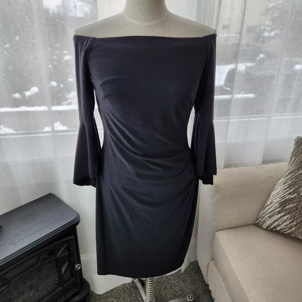 Lauren Ralph Lauren Black Fitted Midi Dress 10 Ruched Side Bell Sleeves Lined D4